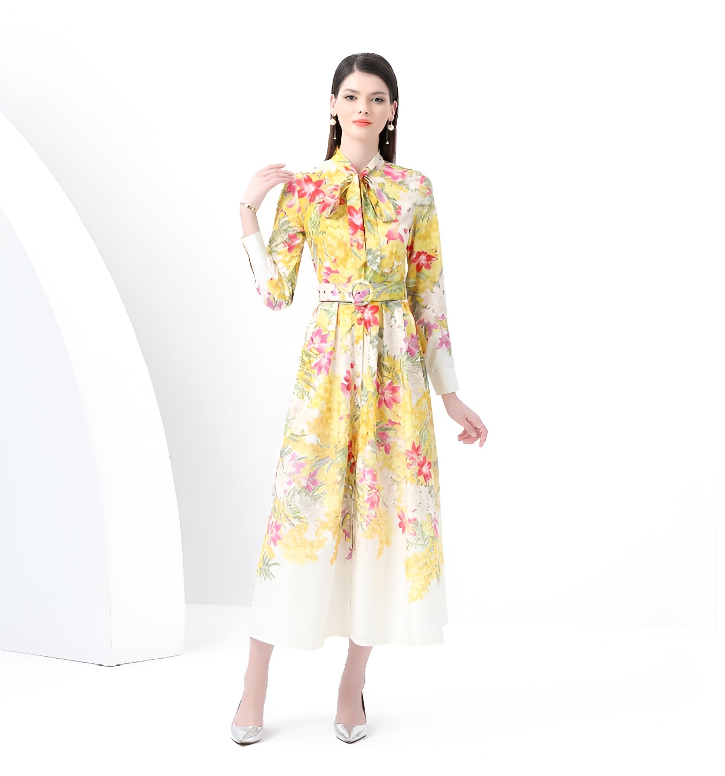 Yellow Floral Lantern Sleeve Pleated Dress