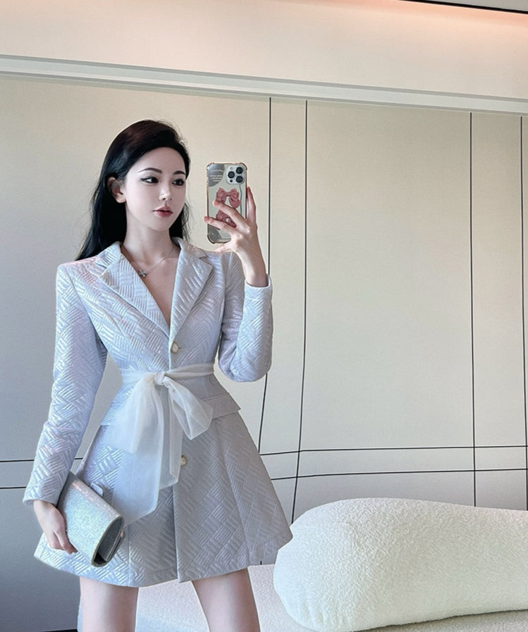 Silver Backless Lapel Long Sleeve Suit Dress