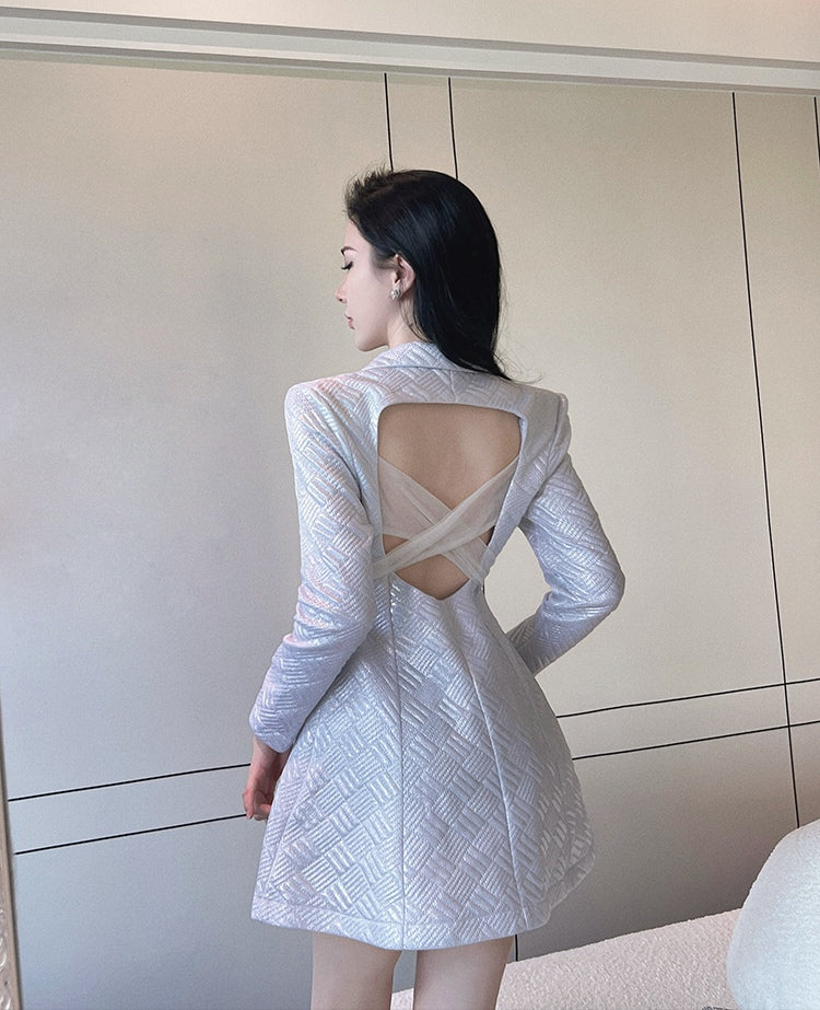 Silver Backless Lapel Long Sleeve Suit Dress