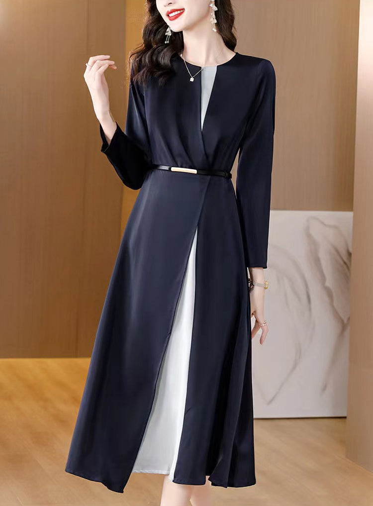 [Large Size] Long-sleeve Navy Blue Mid-length Elegant Dress
