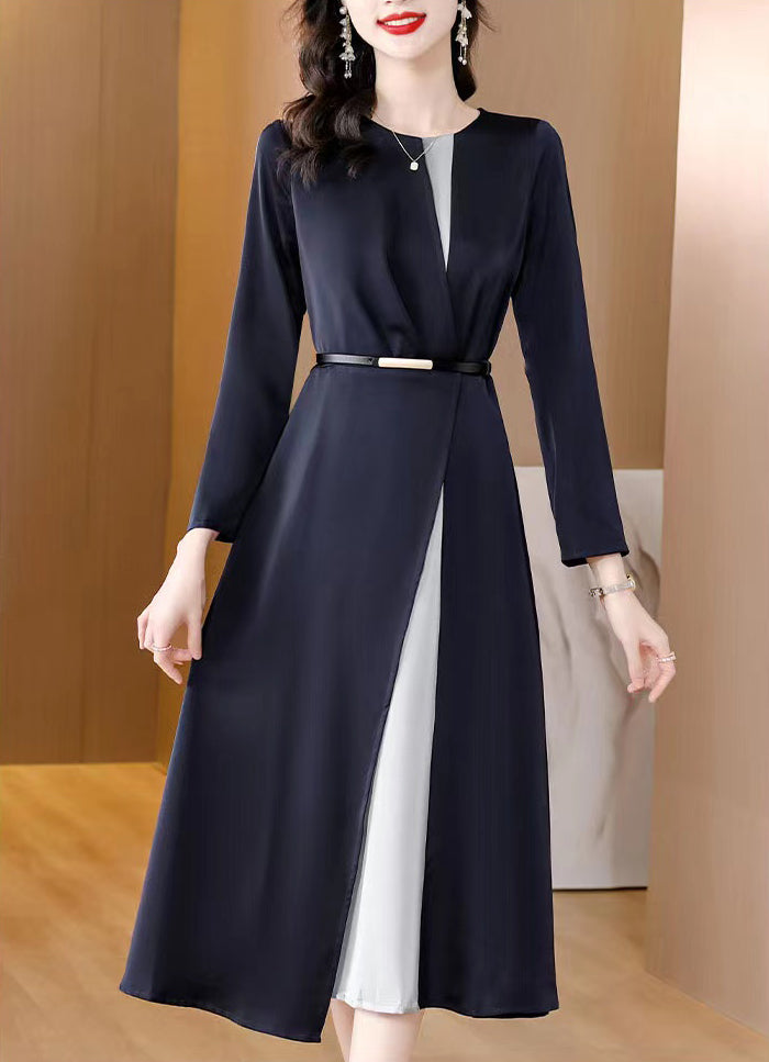 [Large Size] Long-sleeve Navy Blue Mid-length Elegant Dress