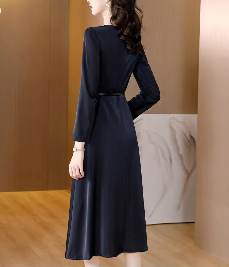 [Large Size] Long-sleeve Navy Blue Mid-length Elegant Dress