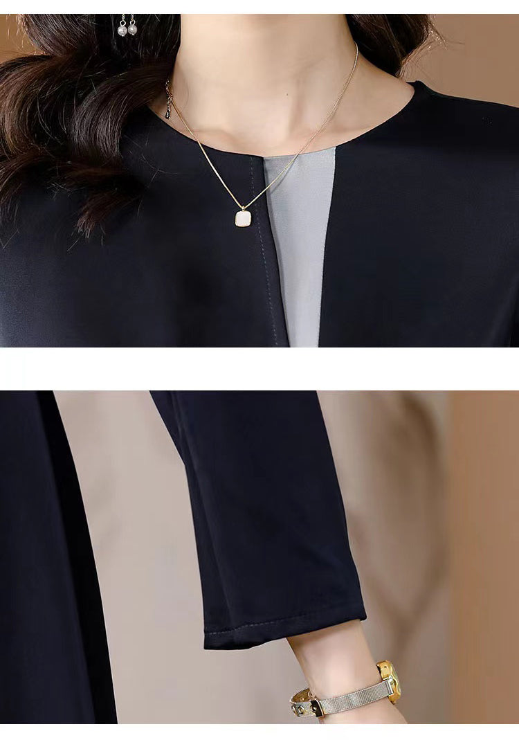 [Large Size] Long-sleeve Navy Blue Mid-length Elegant Dress
