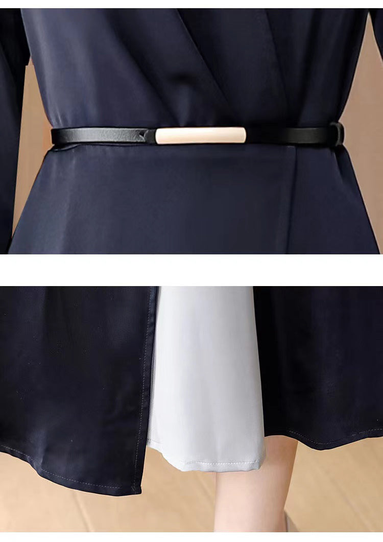 [Large Size] Long-sleeve Navy Blue Mid-length Elegant Dress