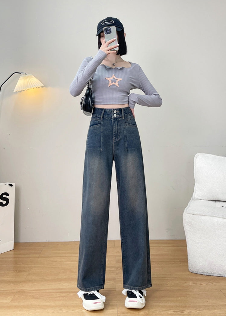 Dark Blue High-Waisted Wide Leg Jeans with Faded Wash for Women - Loose Fit Denim