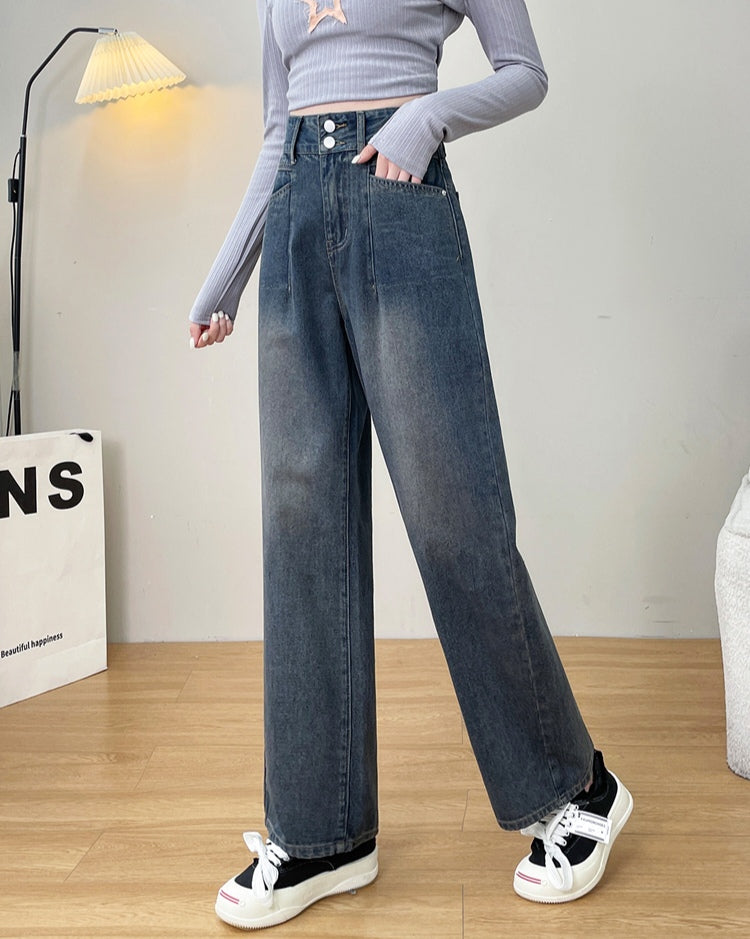 Dark Blue High-Waisted Wide Leg Jeans with Faded Wash for Women - Loose Fit Denim