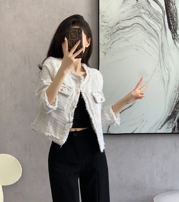 Bouclé Tweed Crop Jacket - French Style with Frayed Trim