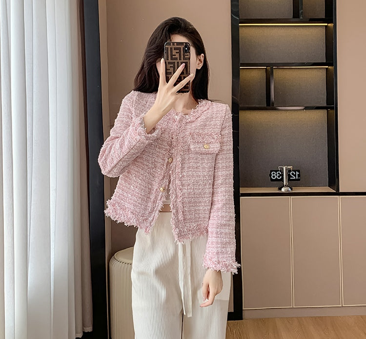 Bouclé Tweed Crop Jacket - French Style with Frayed Trim