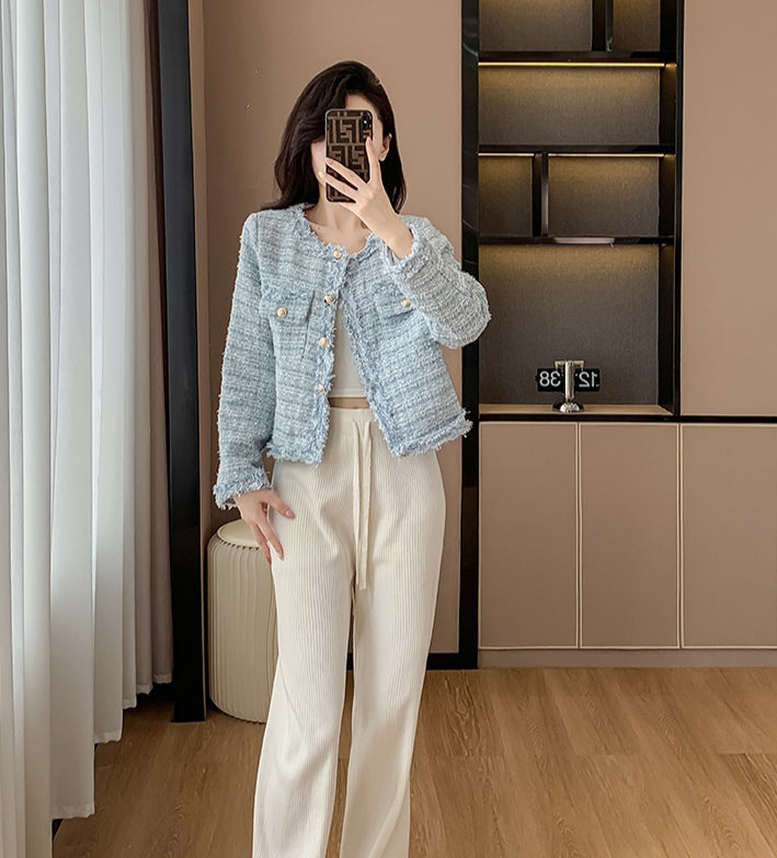 Bouclé Tweed Crop Jacket - French Style with Frayed Trim