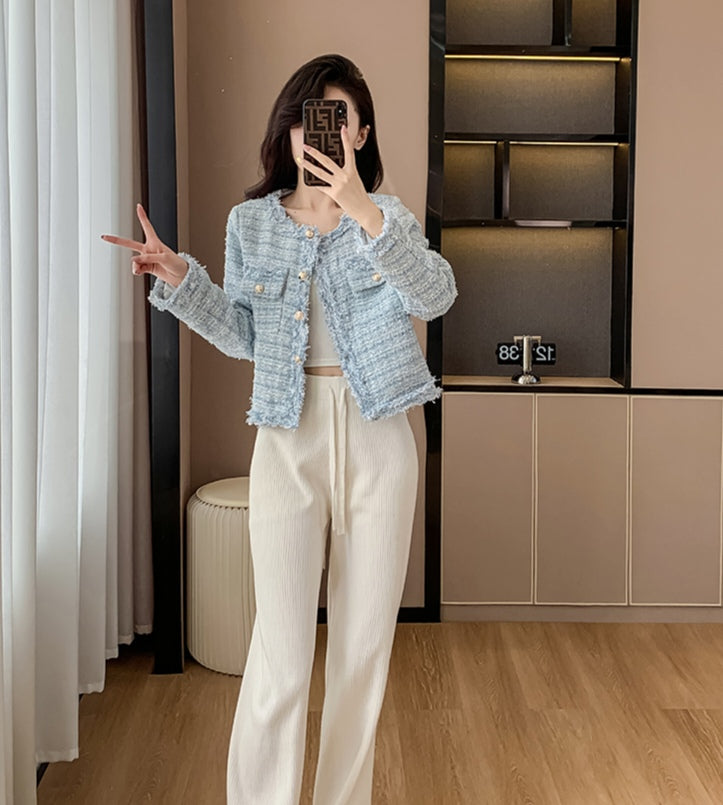 Bouclé Tweed Crop Jacket - French Style with Frayed Trim