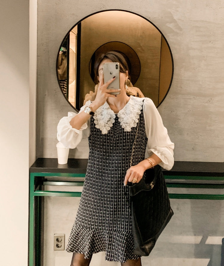 Black Plaid Patchwork Lace Collar Mini Dress