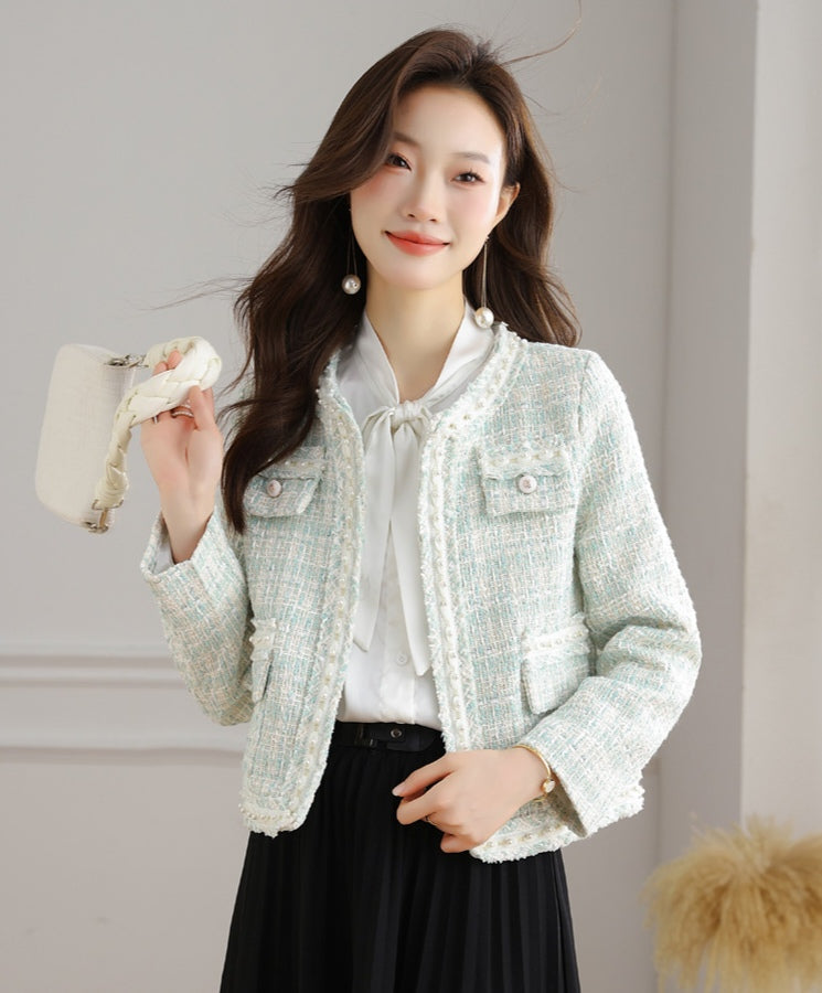 Spring Pastel Tweed Crop Blazer for Women