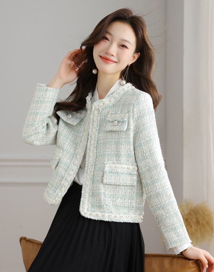 Spring Pastel Tweed Crop Blazer for Women