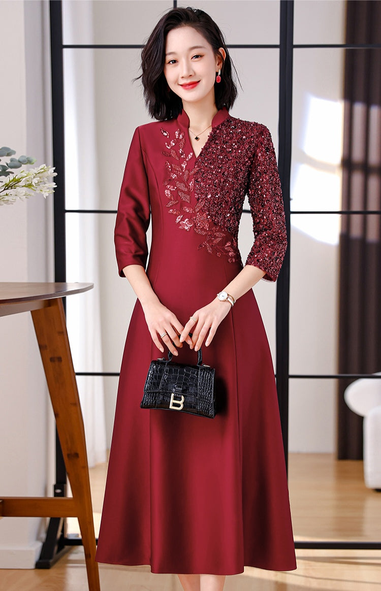 Red Claret Petite Plus Size High-end Banquet Dress