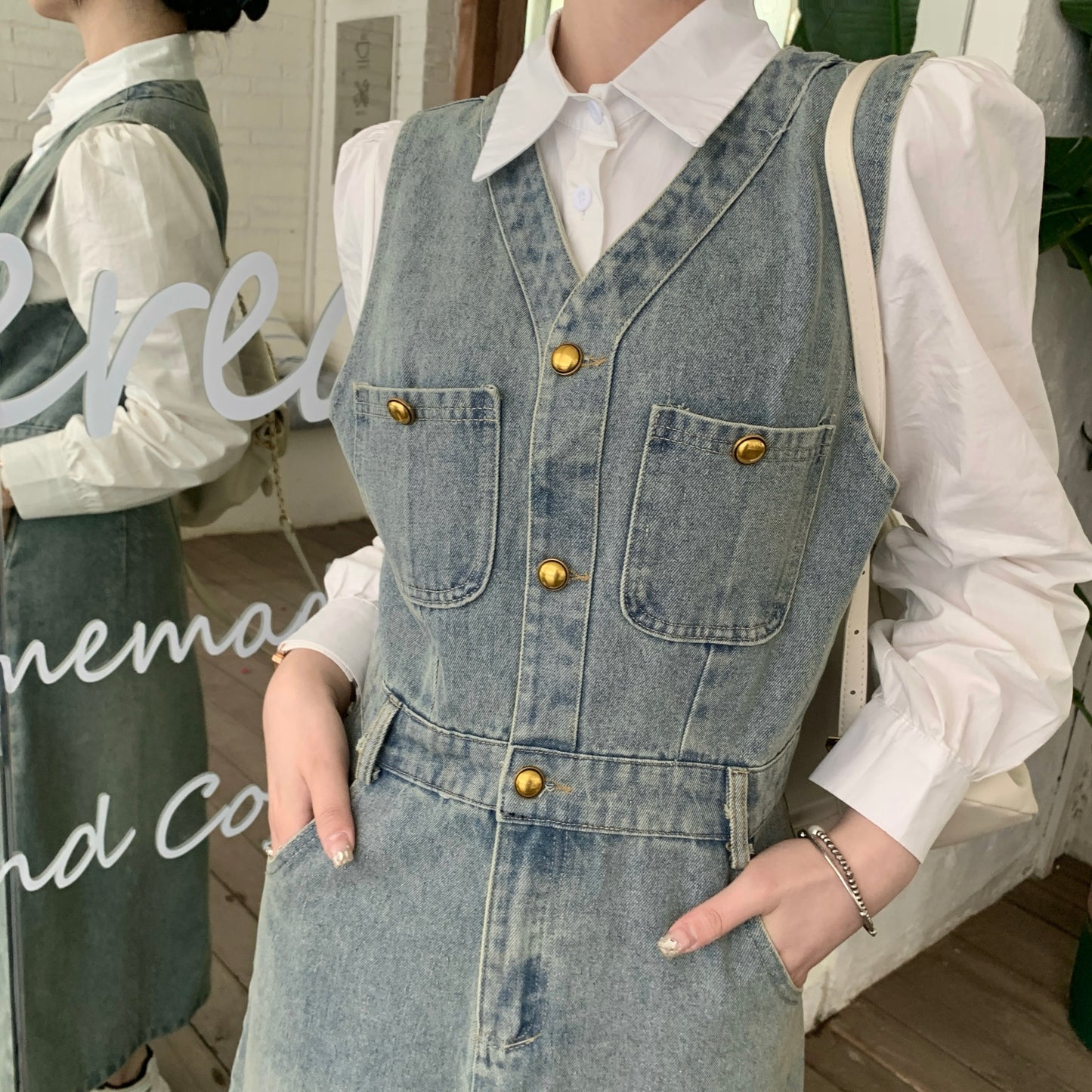 White Shirt + Denim Sleeveless Dress Two Pieces Set