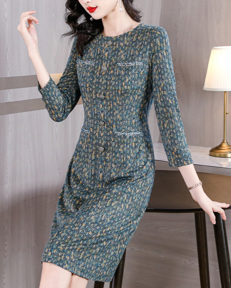 Vintage-Style Tweed Floral Print Knee-Length Dress