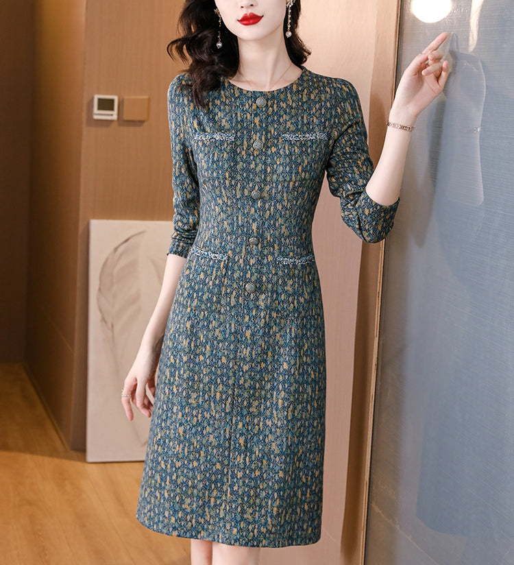 Vintage-Style Tweed Floral Print Knee-Length Dress