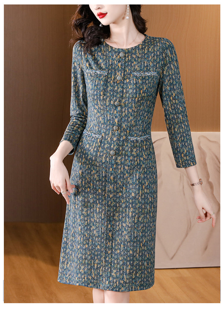 Vintage-Style Tweed Floral Print Knee-Length Dress