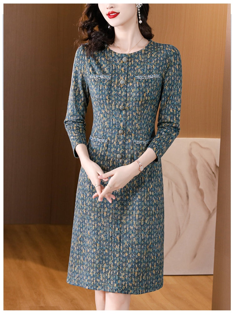 Vintage-Style Tweed Floral Print Knee-Length Dress