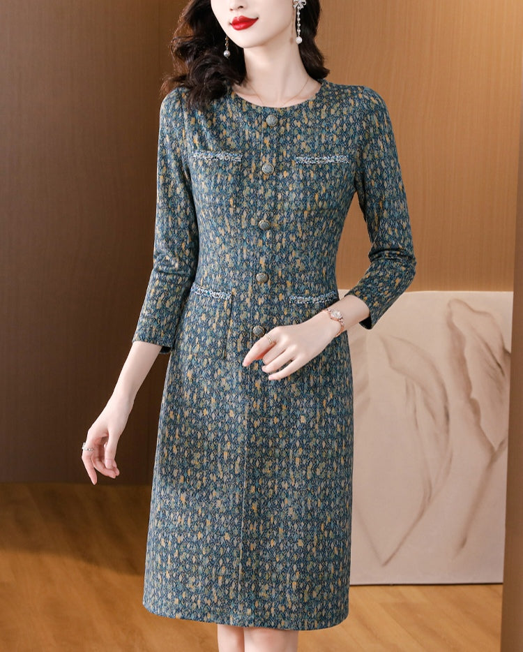 Vintage-Style Tweed Floral Print Knee-Length Dress