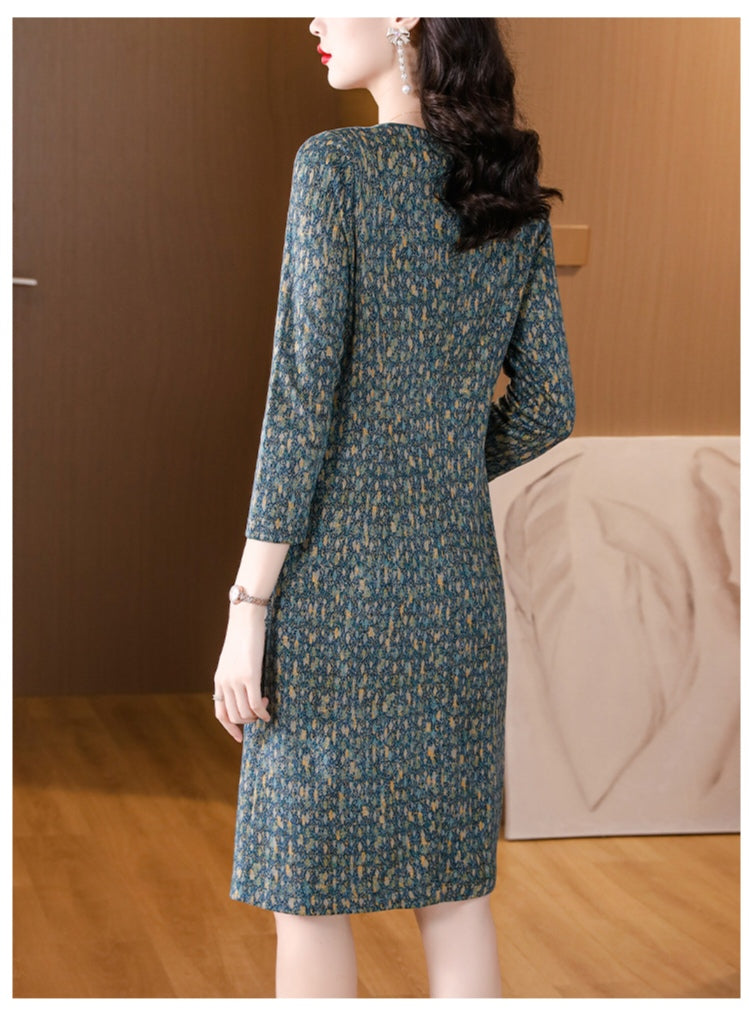 Vintage-Style Tweed Floral Print Knee-Length Dress