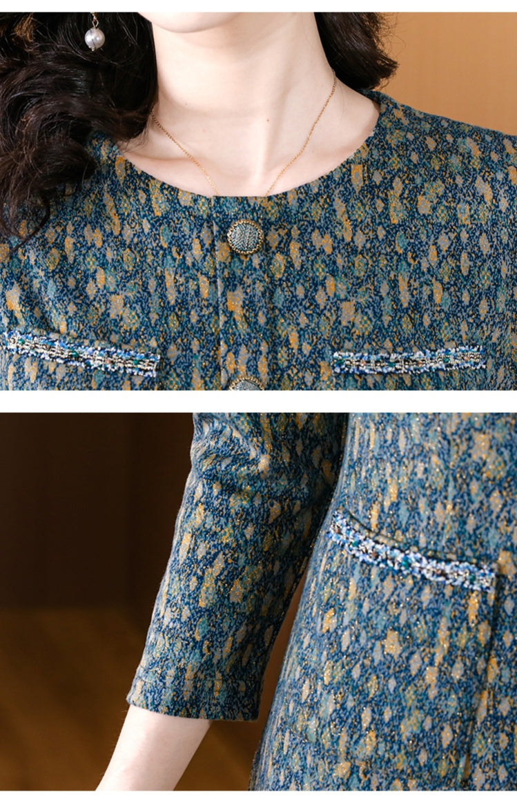 Vintage-Style Tweed Floral Print Knee-Length Dress