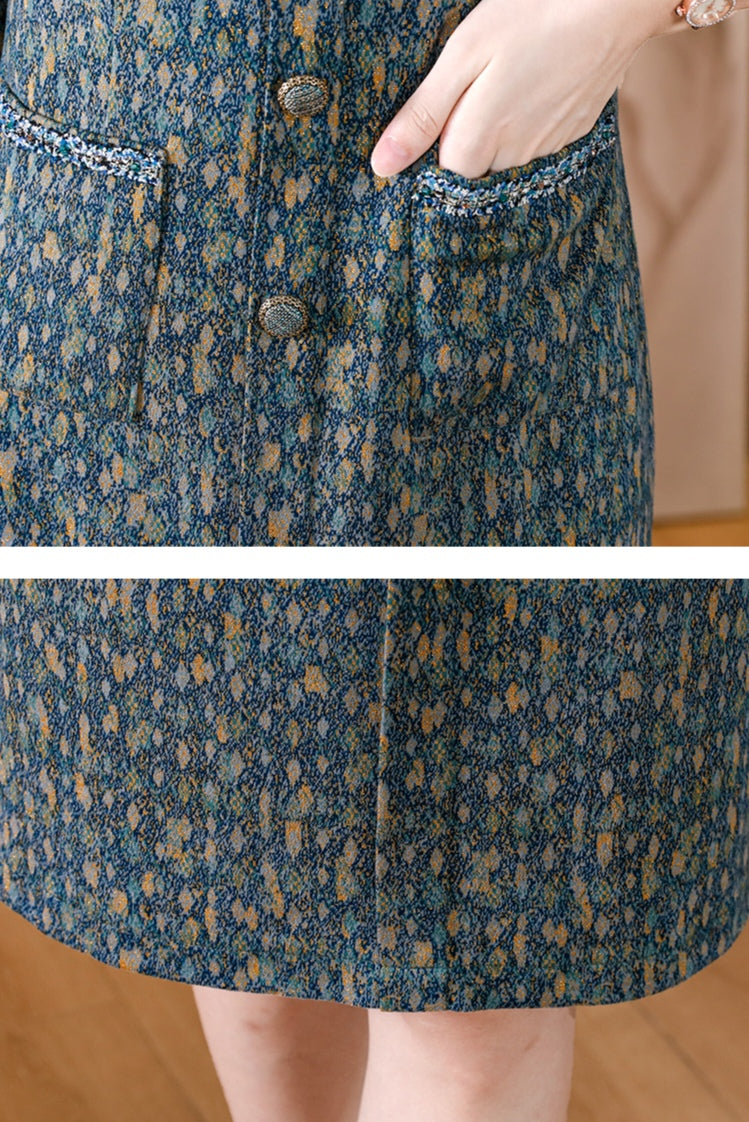 Vintage-Style Tweed Floral Print Knee-Length Dress