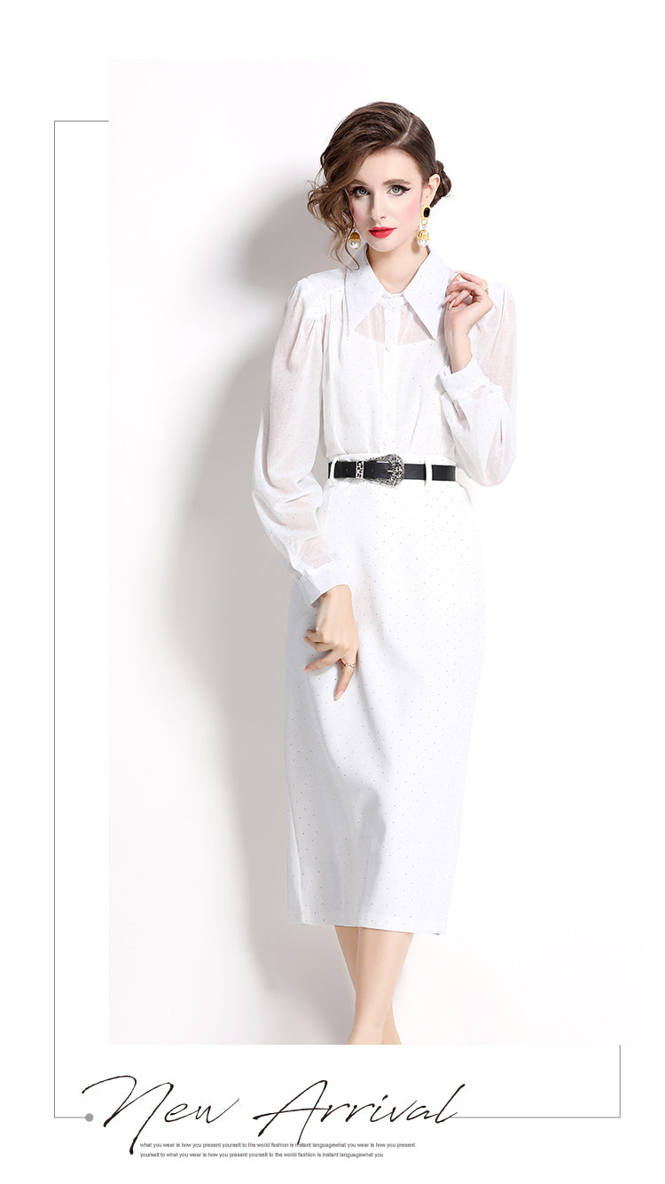 White Puff Sleeve Beaded Top + Skirt Two Pieces Set