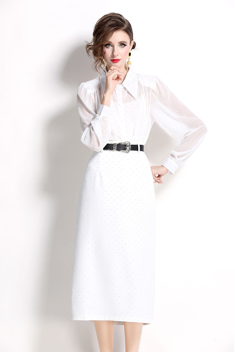 White Puff Sleeve Beaded Top + Skirt Two Pieces Set