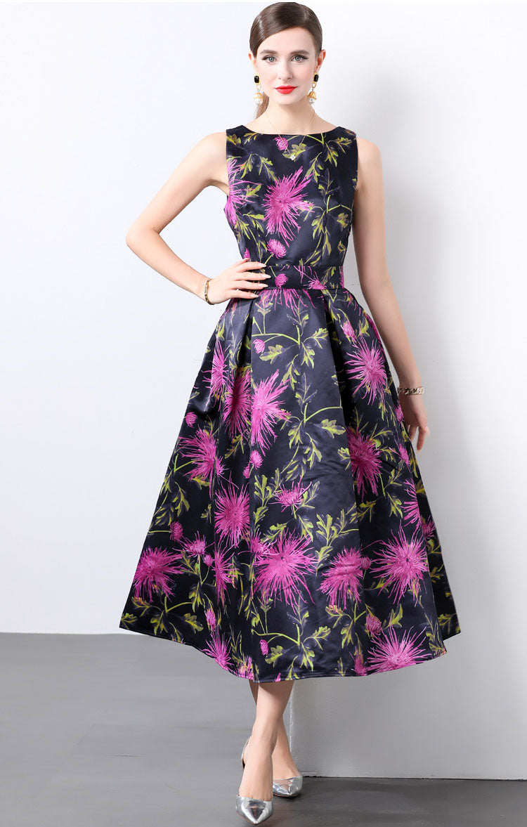 Purple Flower Print Sleeveless A-line Dress