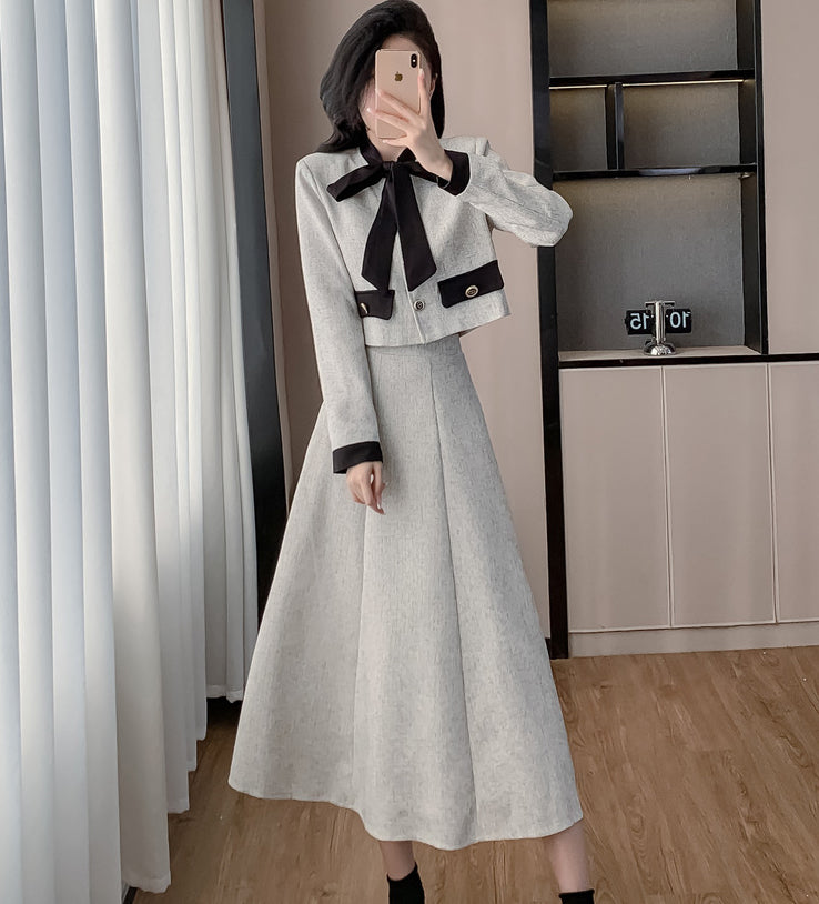 Bow Short Jacket + A-line Skirt Two Pieces Set