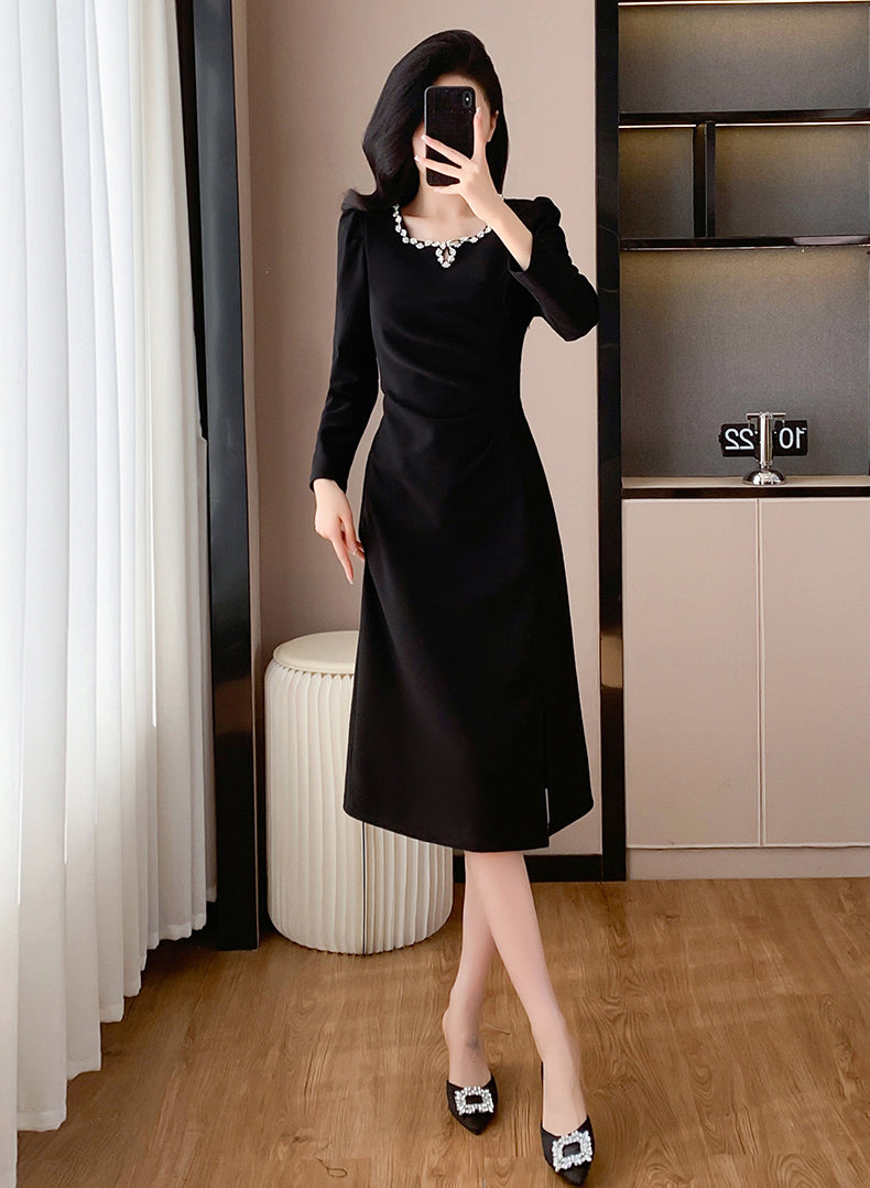 Waist Pleated Square Neck Slit Elegant Dress