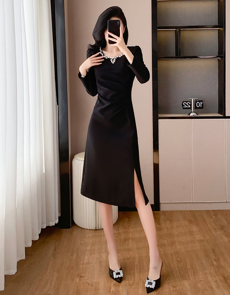 Waist Pleated Square Neck Slit Elegant Dress