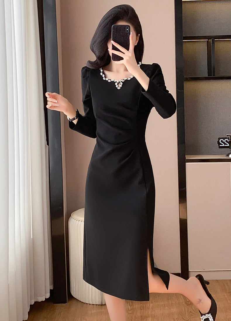 Waist Pleated Square Neck Slit Elegant Dress