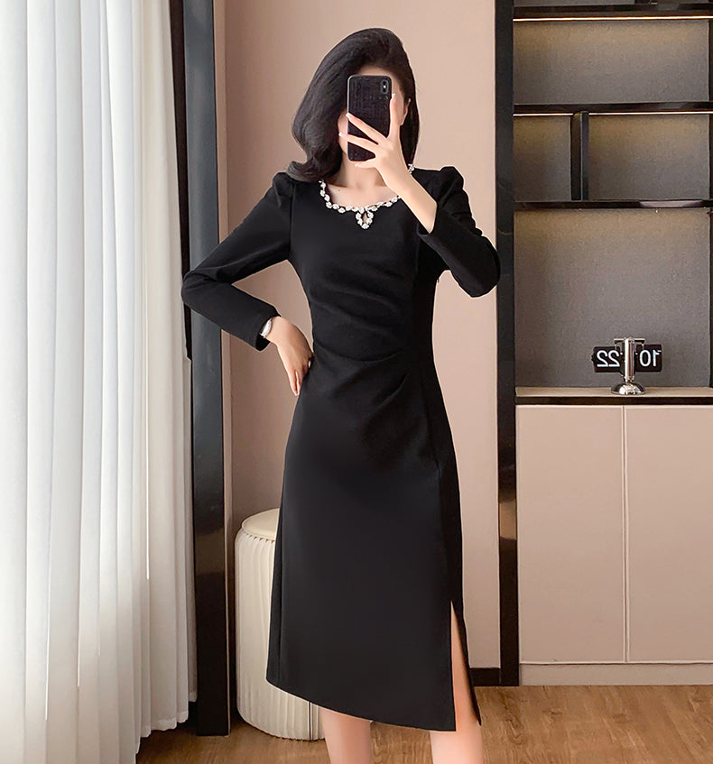 Waist Pleated Square Neck Slit Elegant Dress