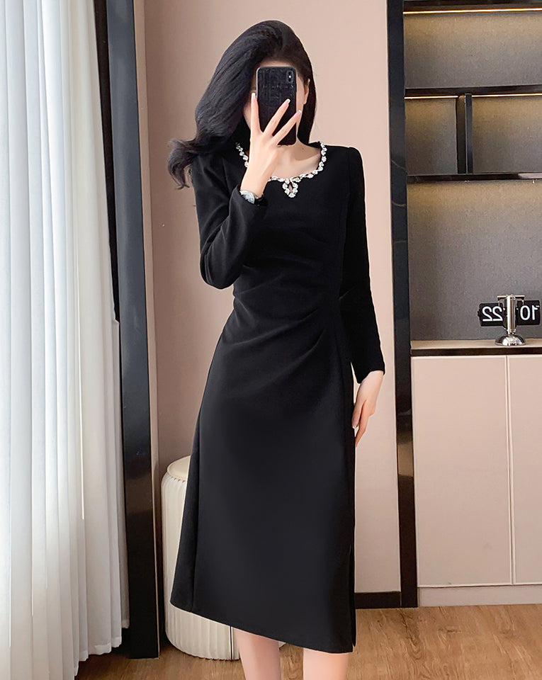 Waist Pleated Square Neck Slit Elegant Dress