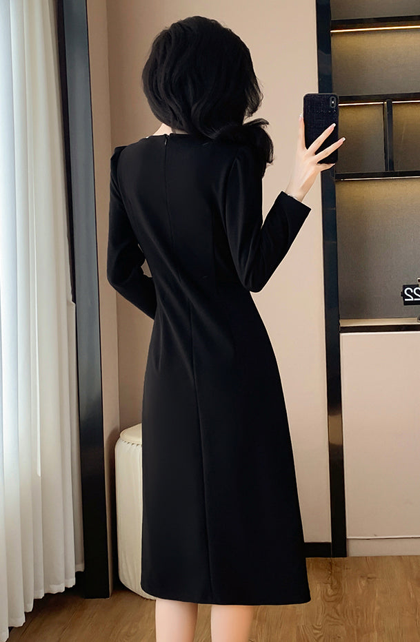 Waist Pleated Square Neck Slit Elegant Dress