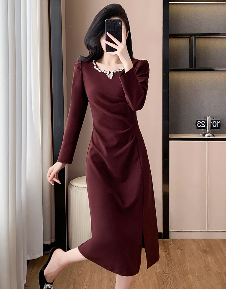 Waist Pleated Square Neck Slit Elegant Dress