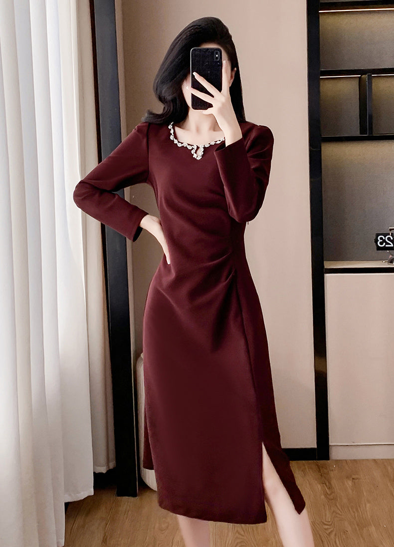 Waist Pleated Square Neck Slit Elegant Dress