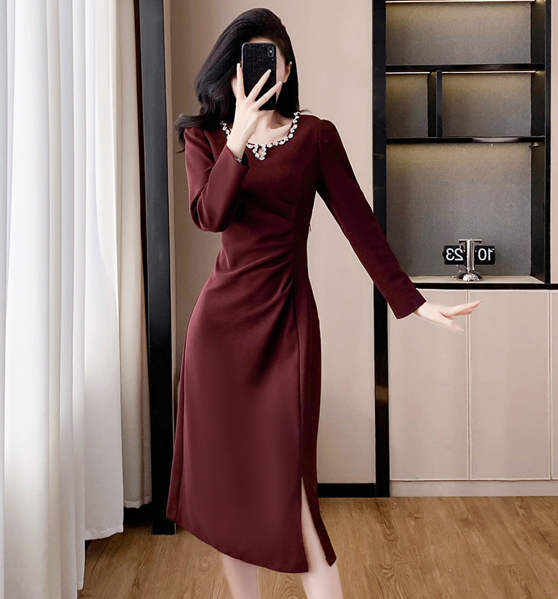 Waist Pleated Square Neck Slit Elegant Dress