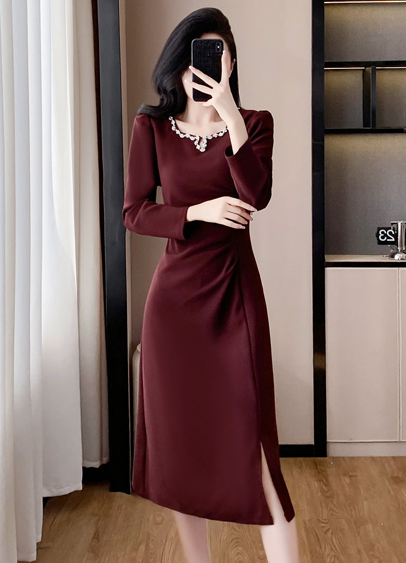 Waist Pleated Square Neck Slit Elegant Dress