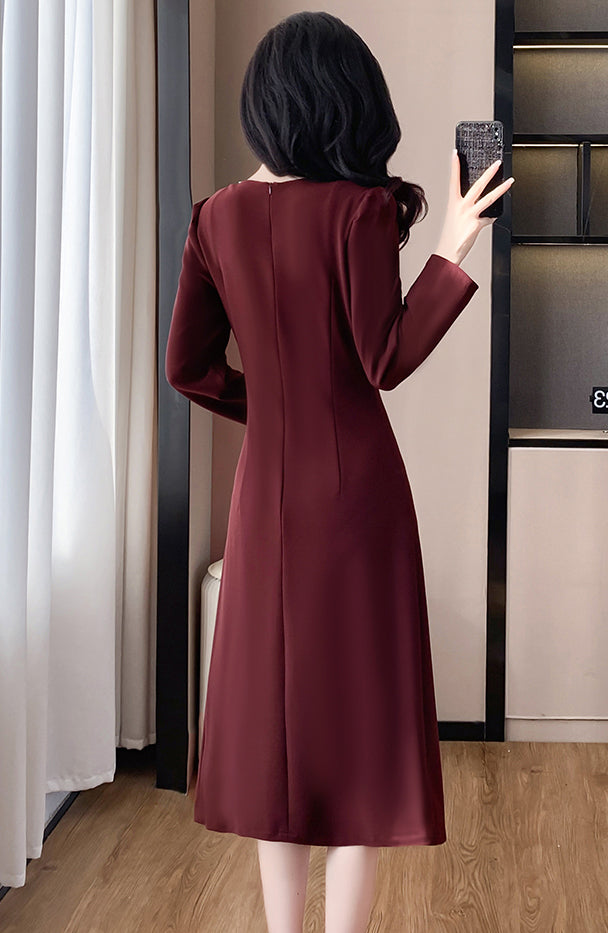 Waist Pleated Square Neck Slit Elegant Dress