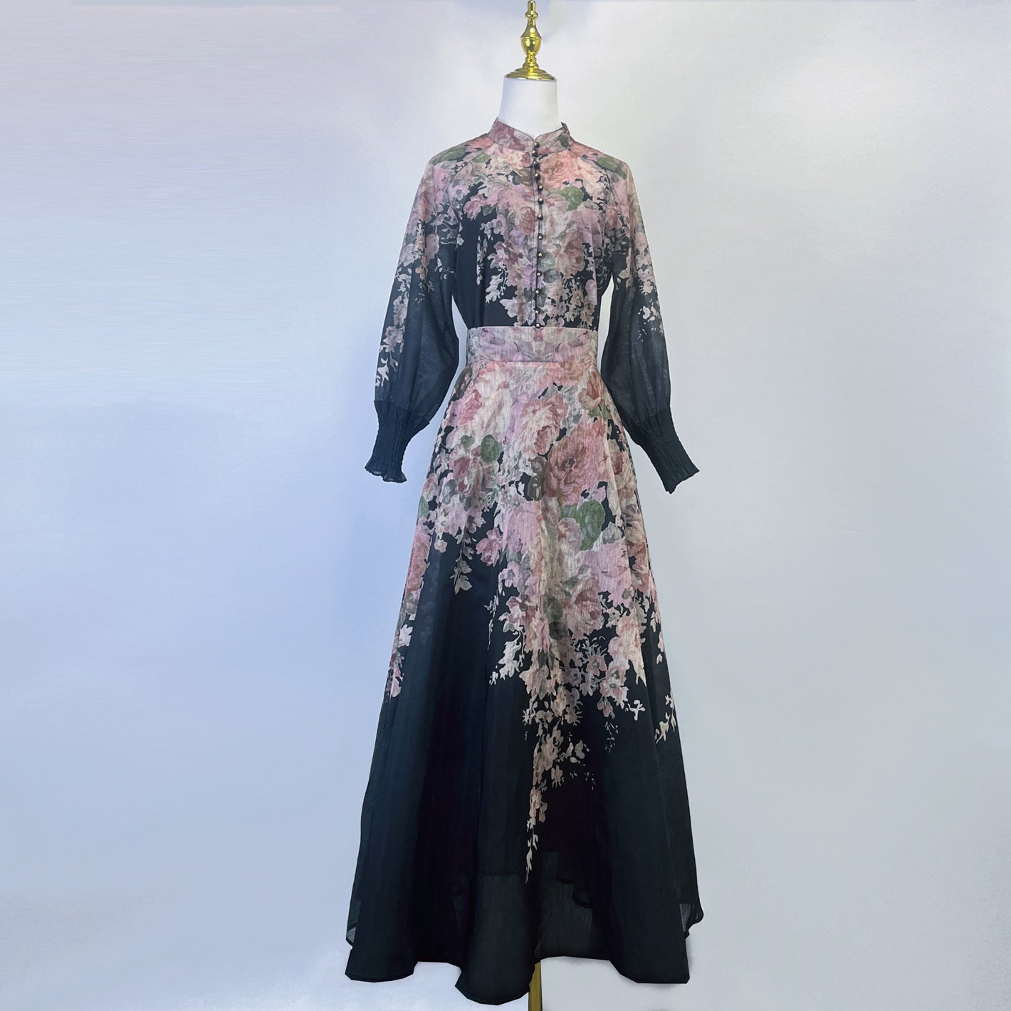 Coral Printed Shirt + High Waist Skirt Two-piece Set