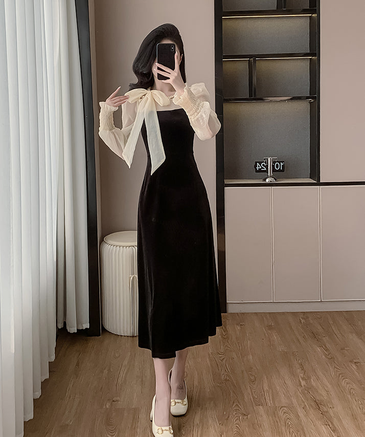 Black Pearl Bow Sweet Lady Long Slim A-line Velvet Dress