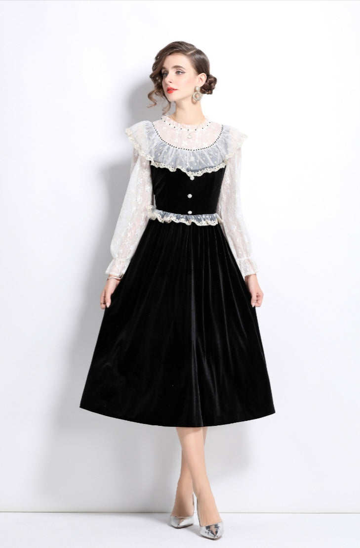 Black Velvet Elegant Retro Long Sleeve Dress