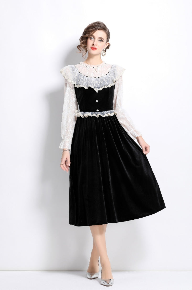 Black Velvet Elegant Retro Long Sleeve Dress