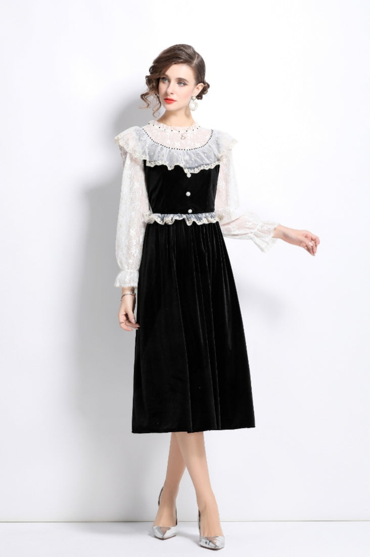Black Velvet Elegant Retro Long Sleeve Dress