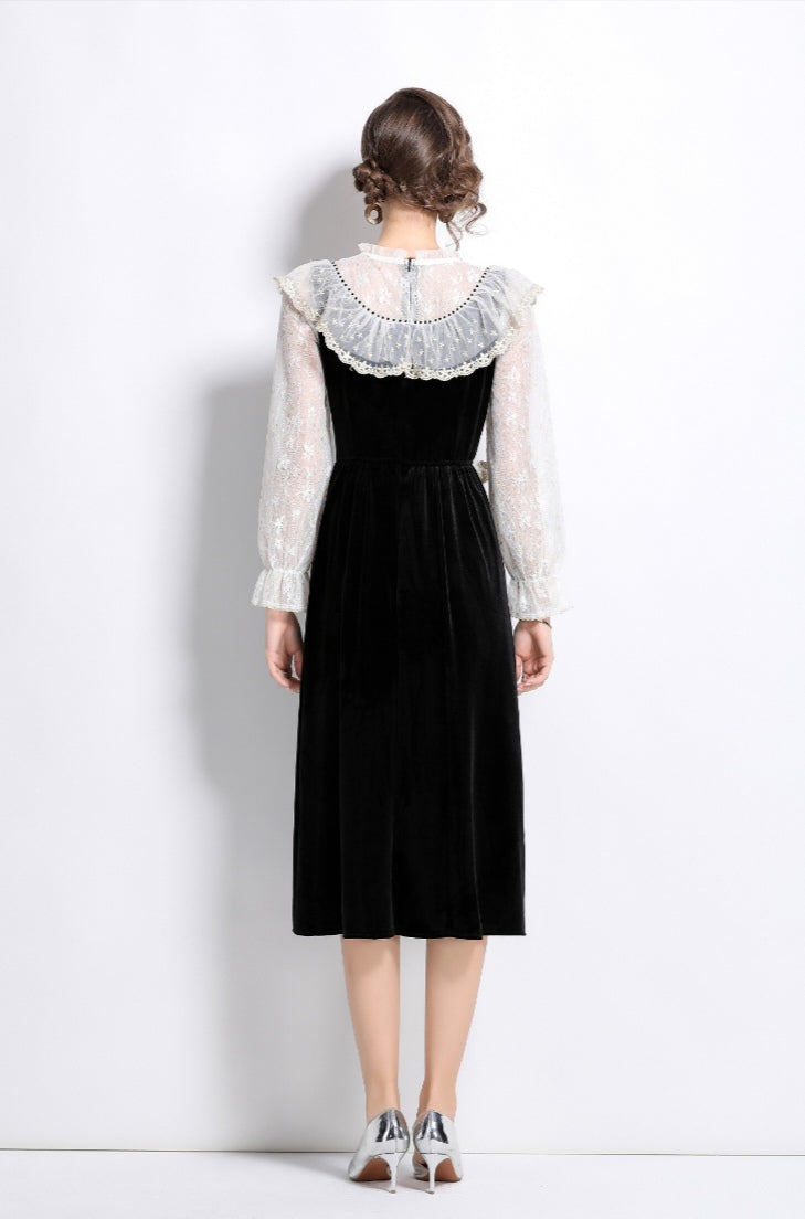 Black Velvet Elegant Retro Long Sleeve Dress