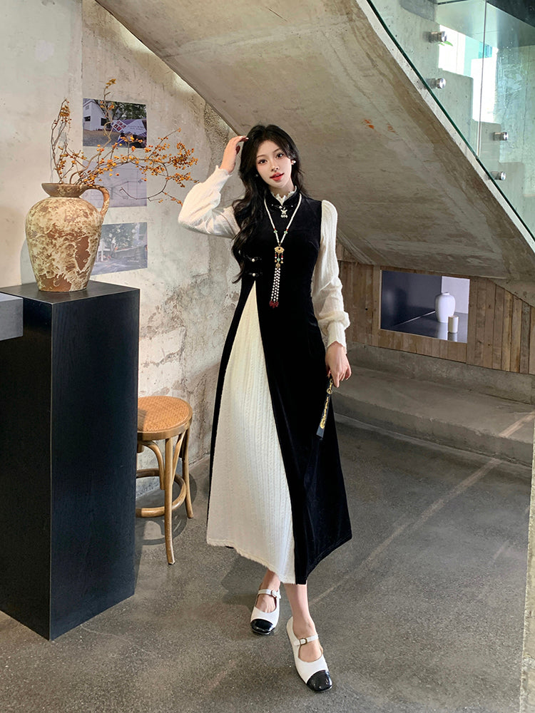 Large Size Black Stitching White Mid-length Dress