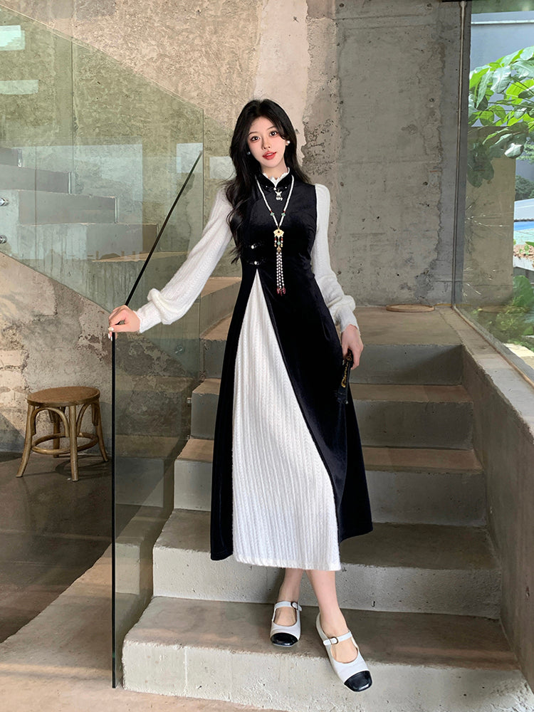 Large Size Black Stitching White Mid-length Dress